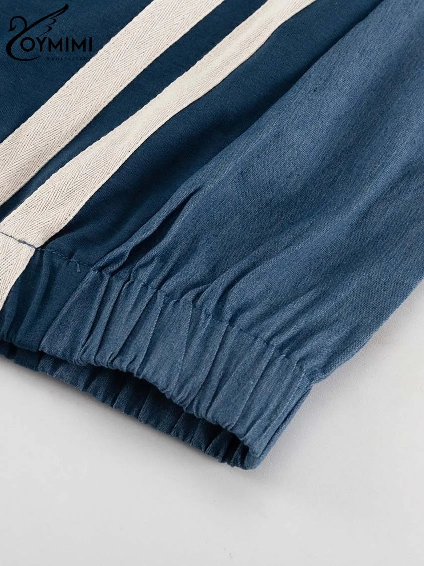 Casual Blue Patchwork O-Neck Long Sleeve & Drawstring Sweatpants Set