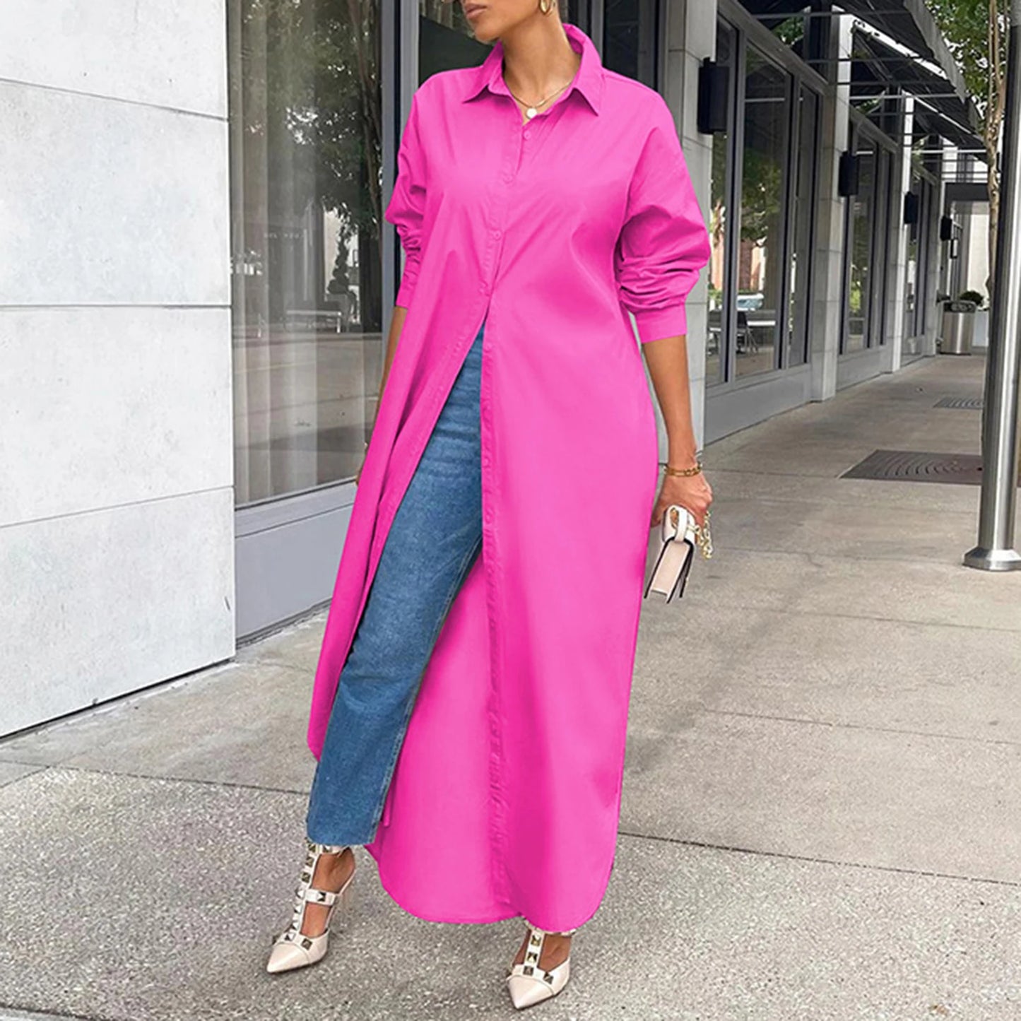 Women Shirt Windproof Versatile Arc Hem Stylish Shirt Long Dress