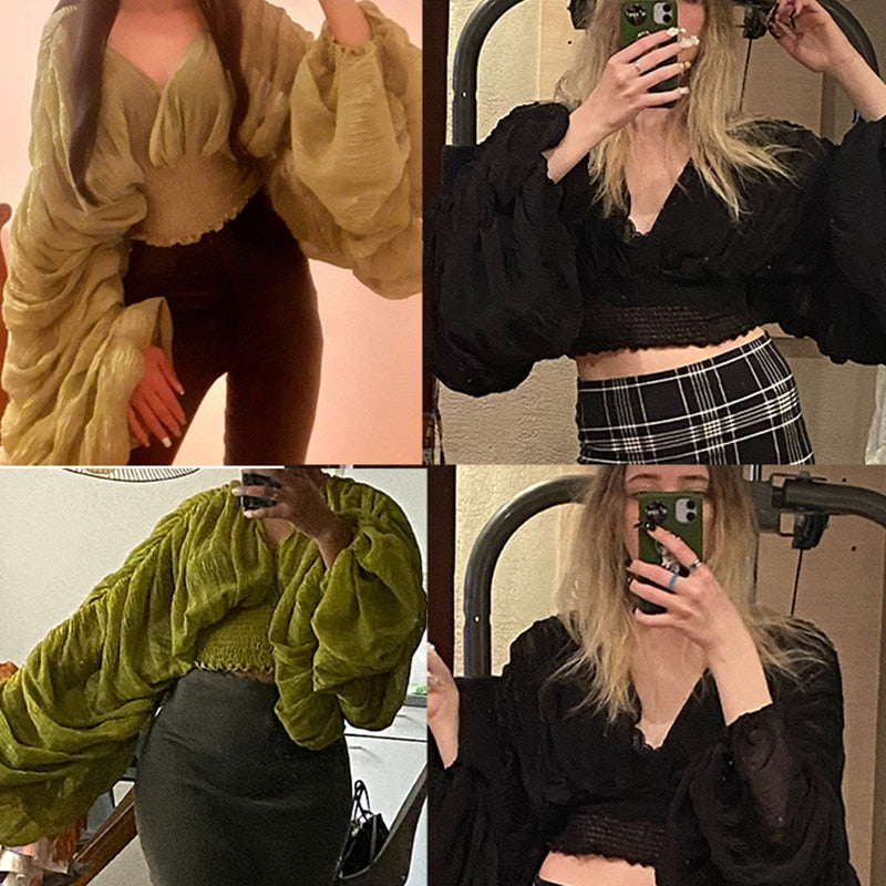 Women Sexy Chiffon Short Blouse - See Through Super Long Sleeve in Purple/Green/Black/White Folds Party Top