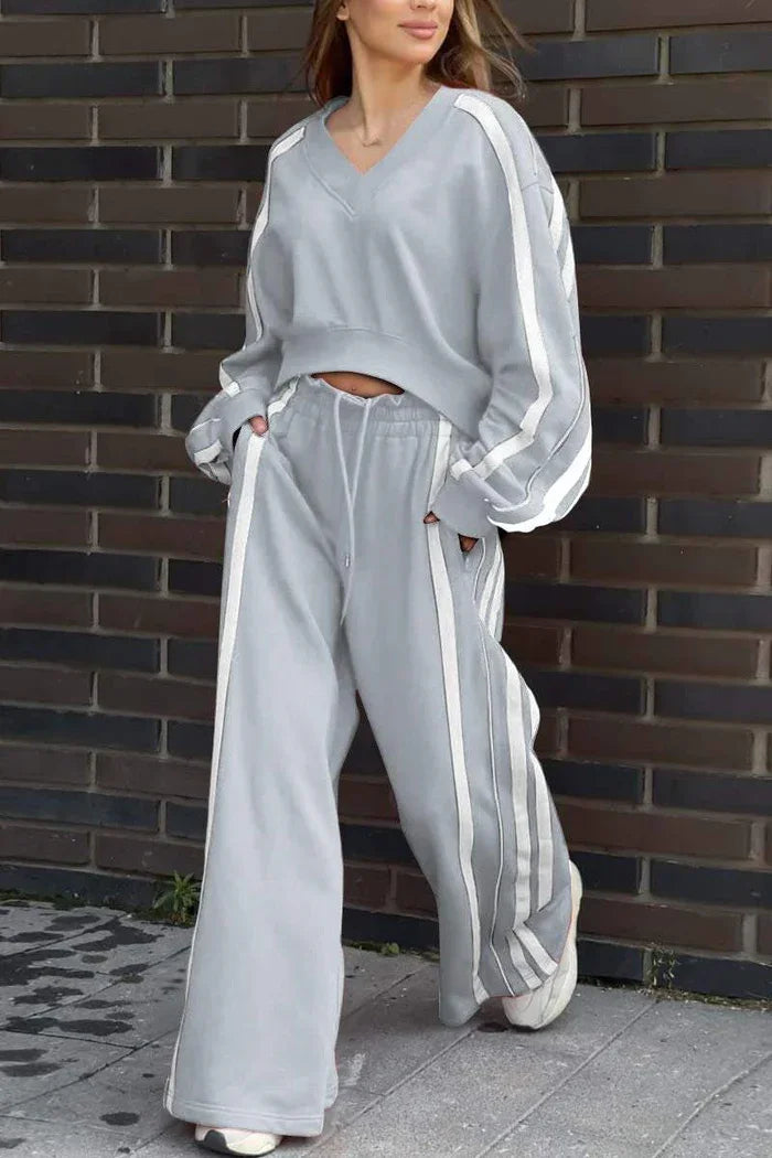 Striped T Shirt+Sweatpants Two Piece Wide Leg Pants Suit