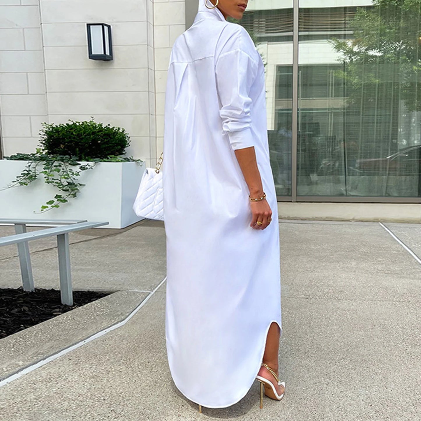 Women Shirt Windproof Versatile Arc Hem Stylish Shirt Long Dress