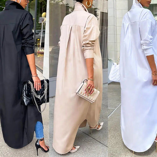 Women Shirt Windproof Versatile Arc Hem Stylish Shirt Long Dress