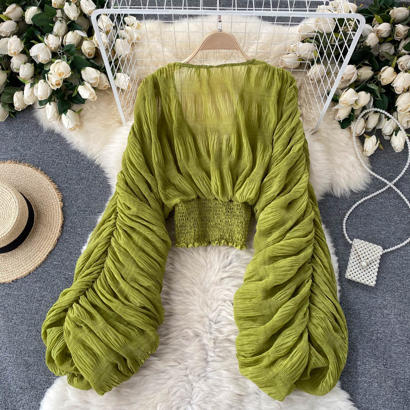 Women Sexy Chiffon Short Blouse - See Through Super Long Sleeve in Purple/Green/Black/White Folds Party Top