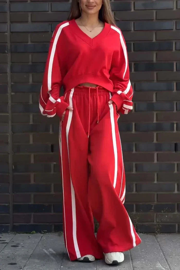 Striped T Shirt+Sweatpants Two Piece Wide Leg Pants Suit