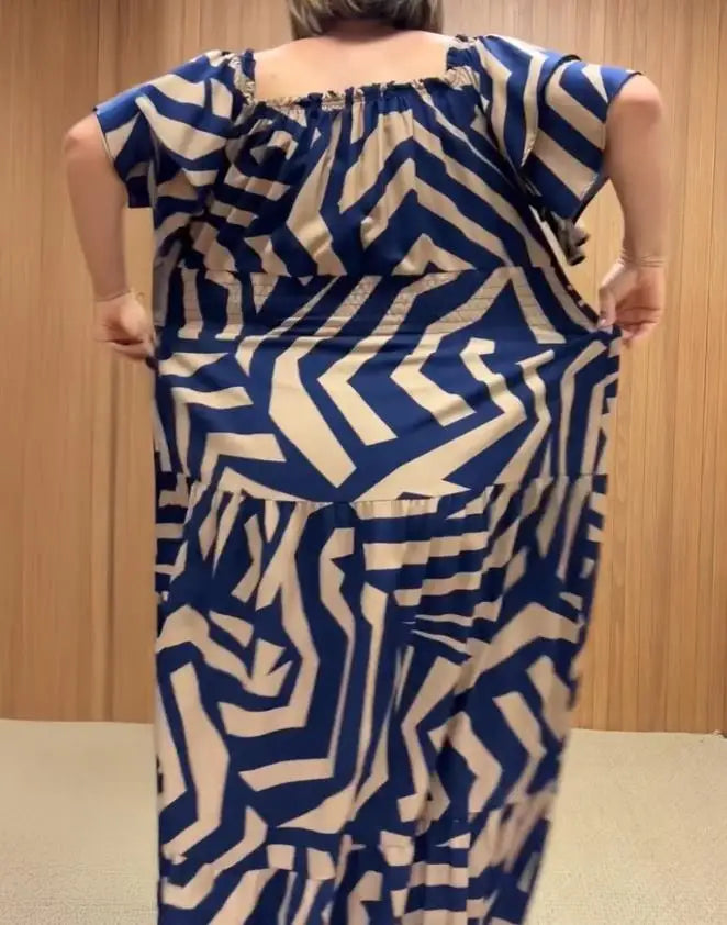 Summer Sexy Elegant Dress Geometric Print Off The Shoulder Short Sleeve Waist Ruffles