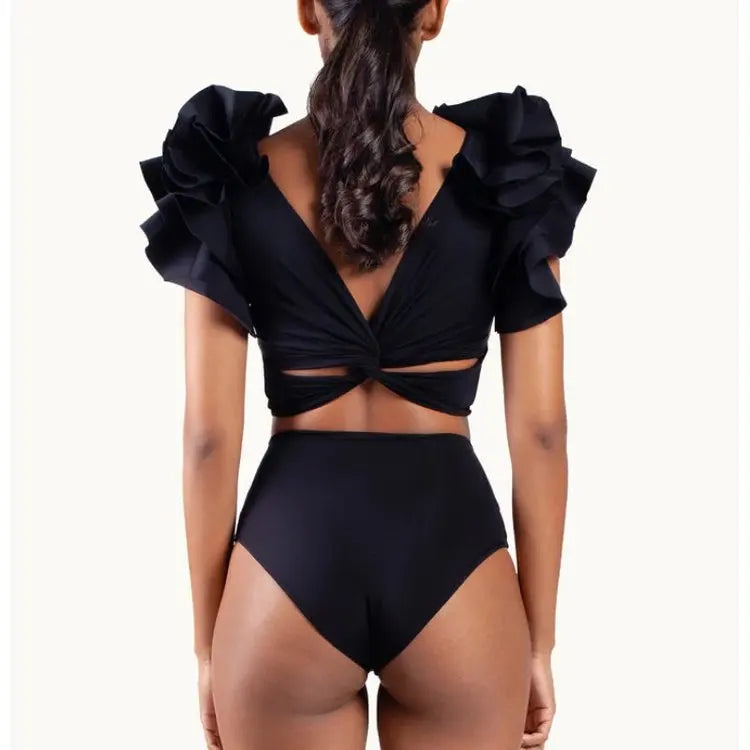 V-neck 2 piece Bikini Ruffle High Waist Swimsuit