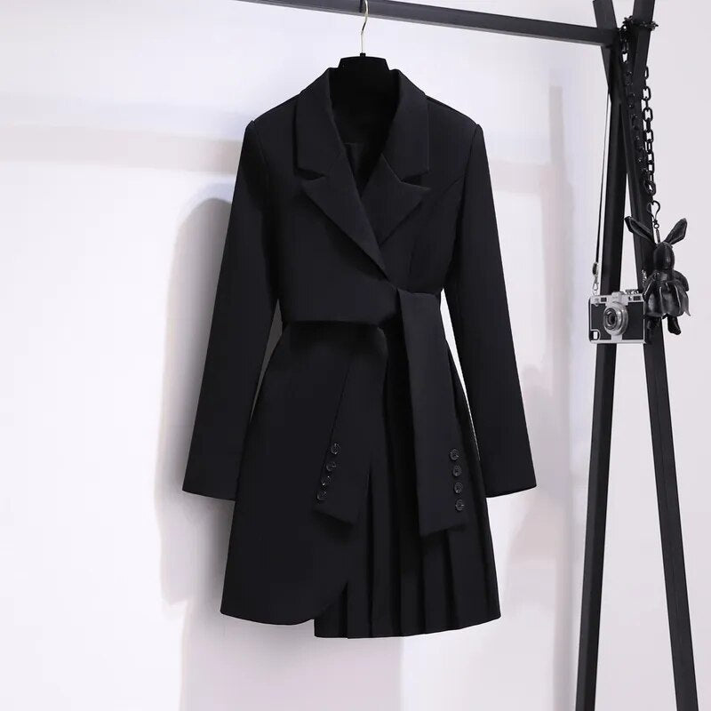Fashion Suit Skirt Jacket Belted Waist Slim Suit Long Coat