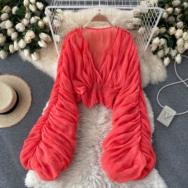 Women Sexy Chiffon Short Blouse - See Through Super Long Sleeve in Purple/Green/Black/White Folds Party Top