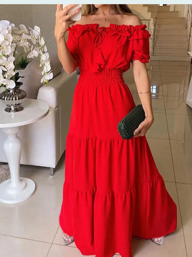 Elegant Solid Color Puff Short Sleeve Ruffled One Shoulder Boho Style Dress