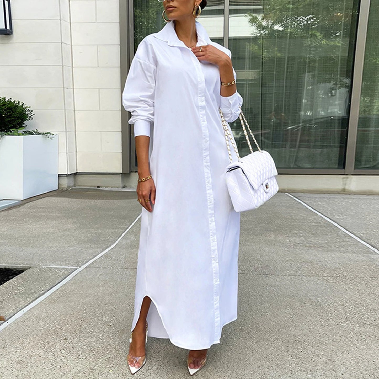 Women Shirt Windproof Versatile Arc Hem Stylish Shirt Long Dress