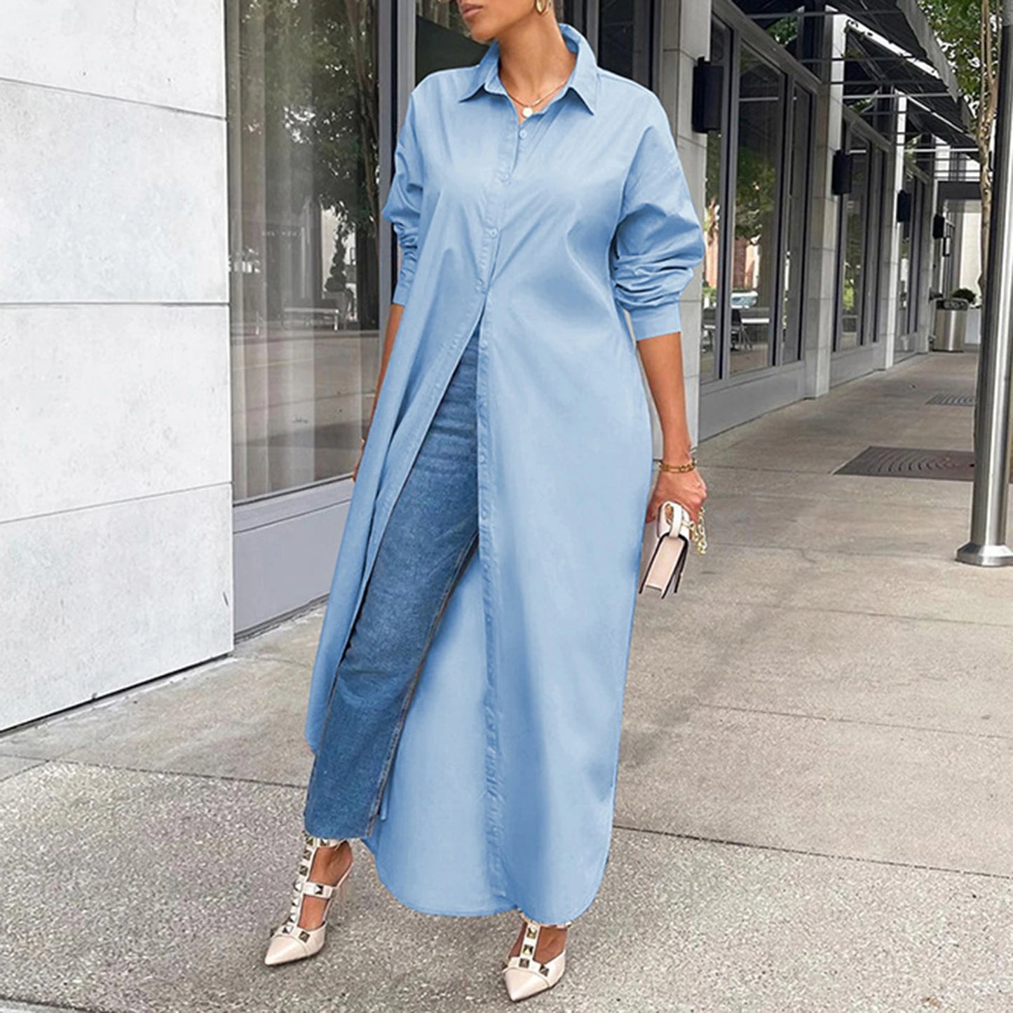 Women Shirt Windproof Versatile Arc Hem Stylish Shirt Long Dress