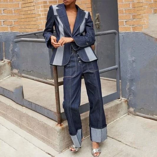 Patchwork Two Piece Jean Coat & Loose Bottoms Pant Set