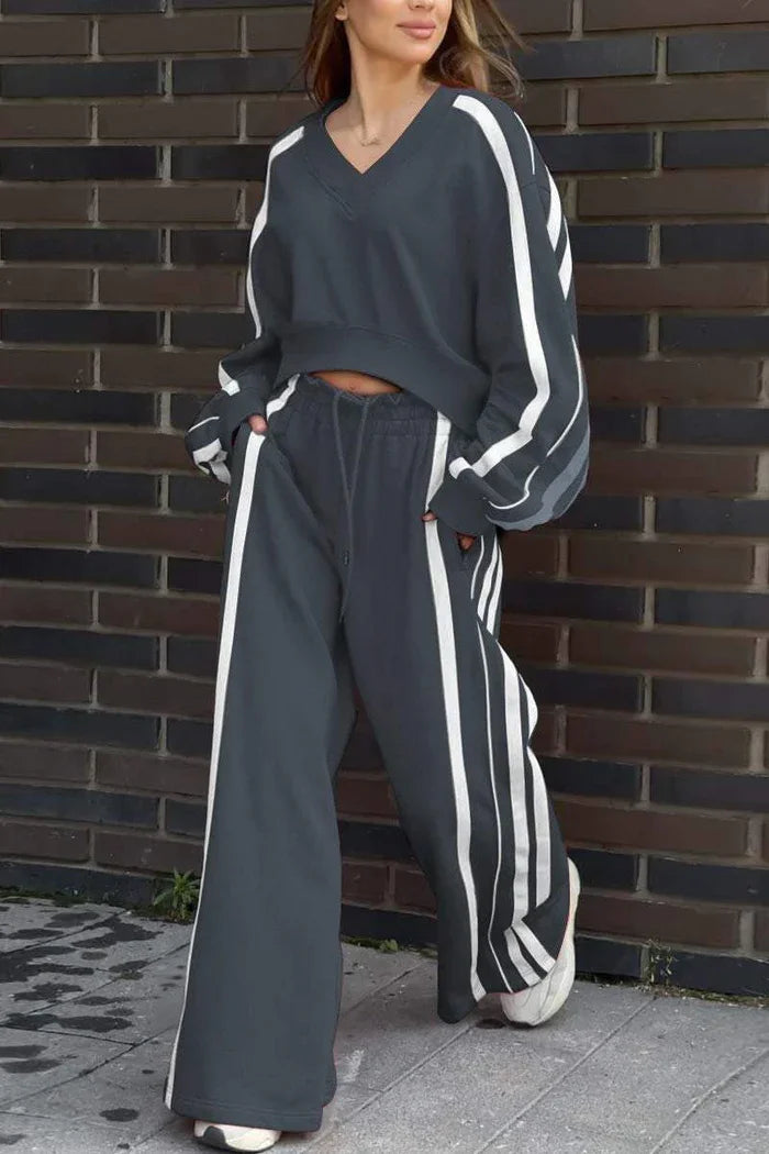 Striped T Shirt+Sweatpants Two Piece Wide Leg Pants Suit