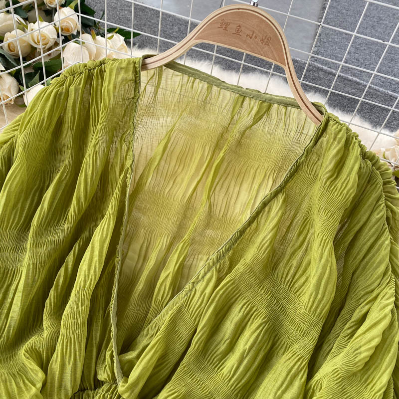 Women Sexy Chiffon Short Blouse - See Through Super Long Sleeve in Purple/Green/Black/White Folds Party Top