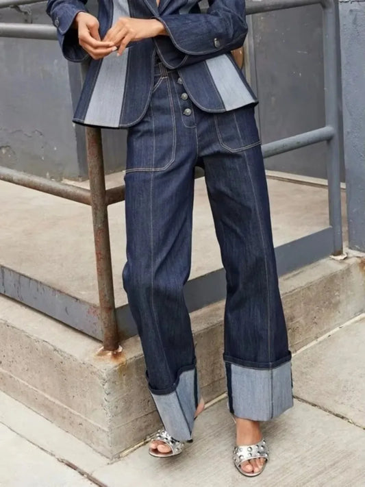 Patchwork Two Piece Jean Coat & Loose Bottoms Pant Set