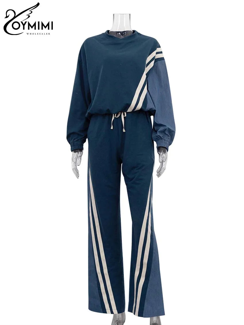 Casual Blue Patchwork O-Neck Long Sleeve & Drawstring Sweatpants Set