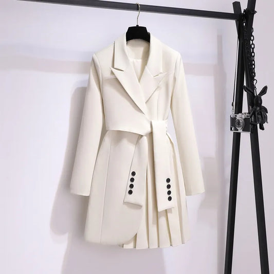 Fashion Suit Skirt Jacket Belted Waist Slim Suit Long Coat