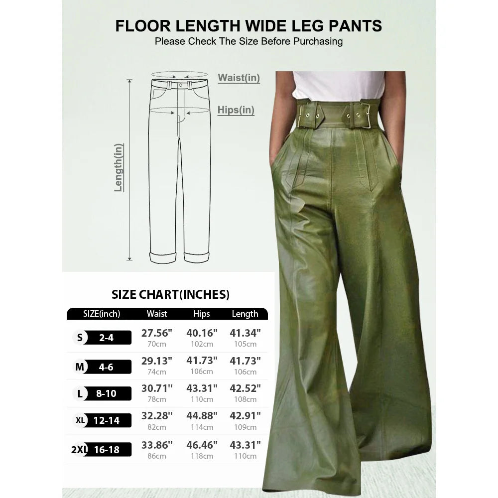 Women's Faux Leather Long High Waisted Loose Pleated Trousers