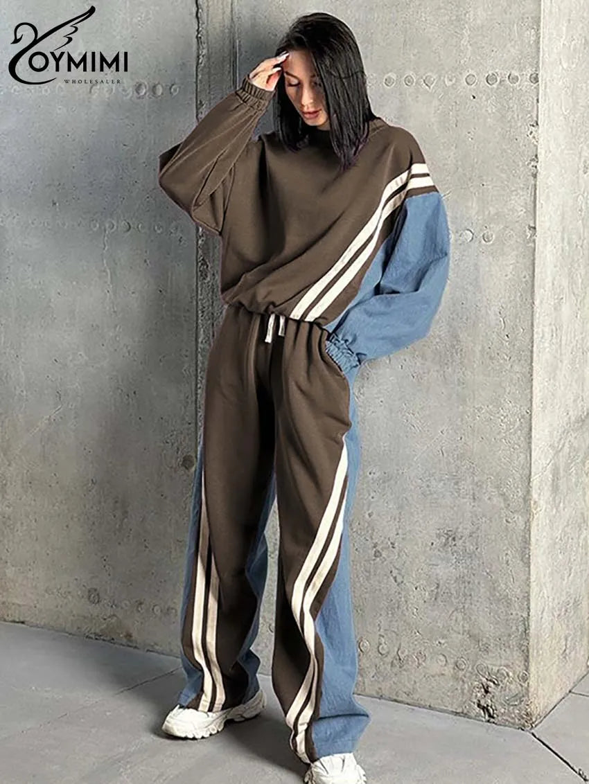 Casual Blue Patchwork O-Neck Long Sleeve & Drawstring Sweatpants Set