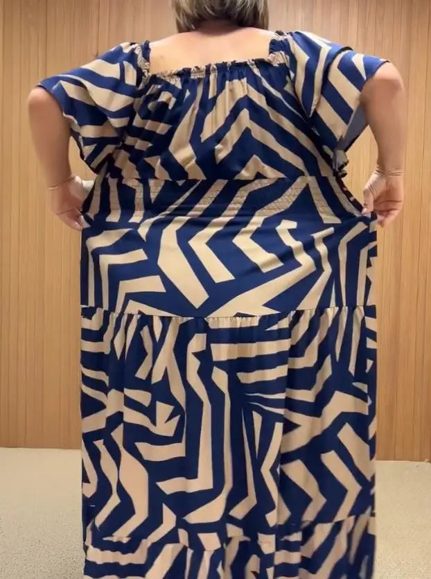 Summer Sexy Elegant Dress Geometric Print Off The Shoulder Short Sleeve Waist Ruffles