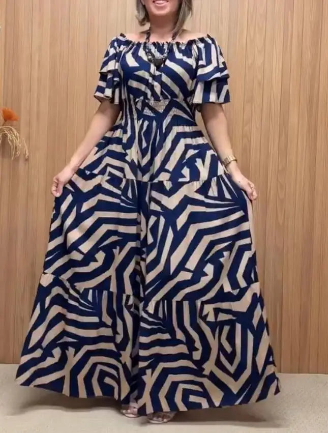 Summer Sexy Elegant Dress Geometric Print Off The Shoulder Short Sleeve Waist Ruffles