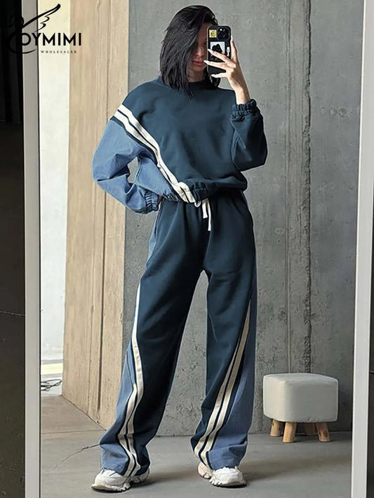 Casual Blue Patchwork O-Neck Long Sleeve & Drawstring Sweatpants Set