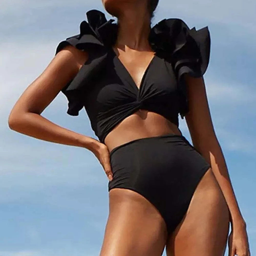 V-neck 2 piece Bikini Ruffle High Waist Swimsuit