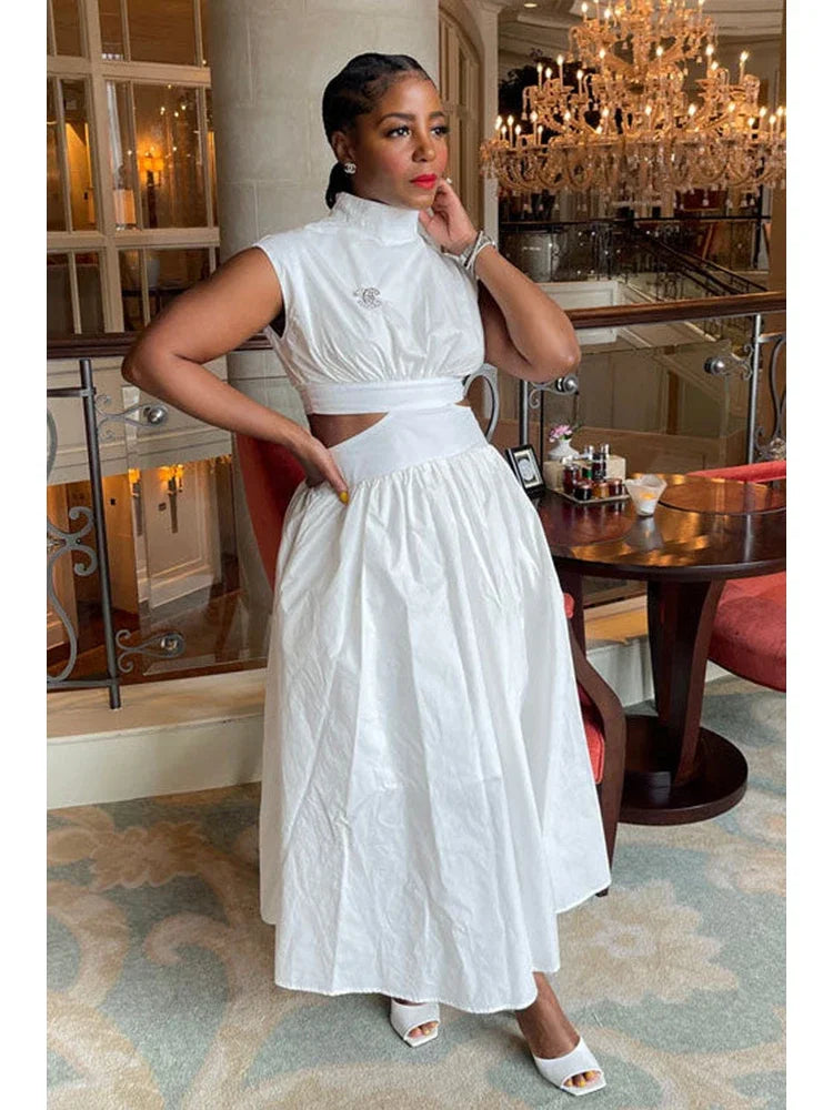 Summer Mock Neck Sleeveless Cutout A-llne White Maxi Dresses