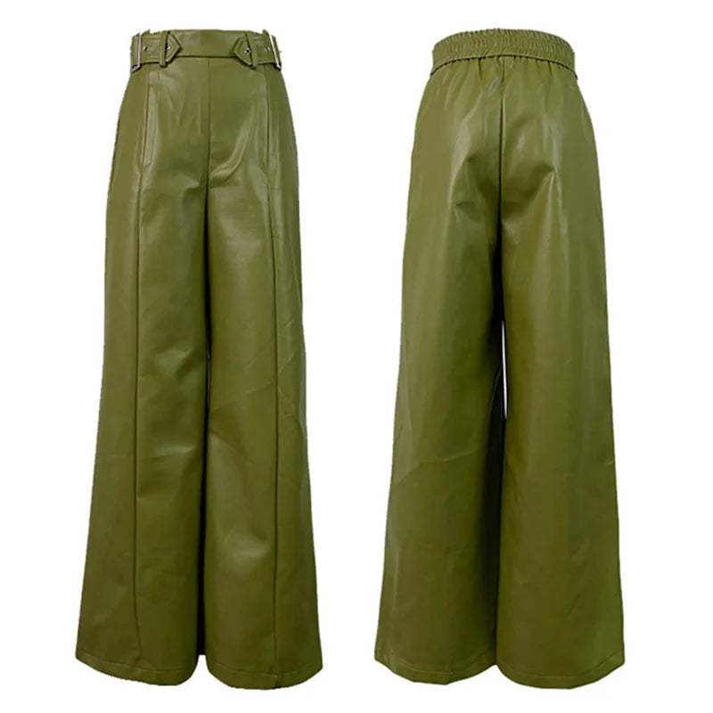 Women's Faux Leather Long High Waisted Loose Pleated Trousers