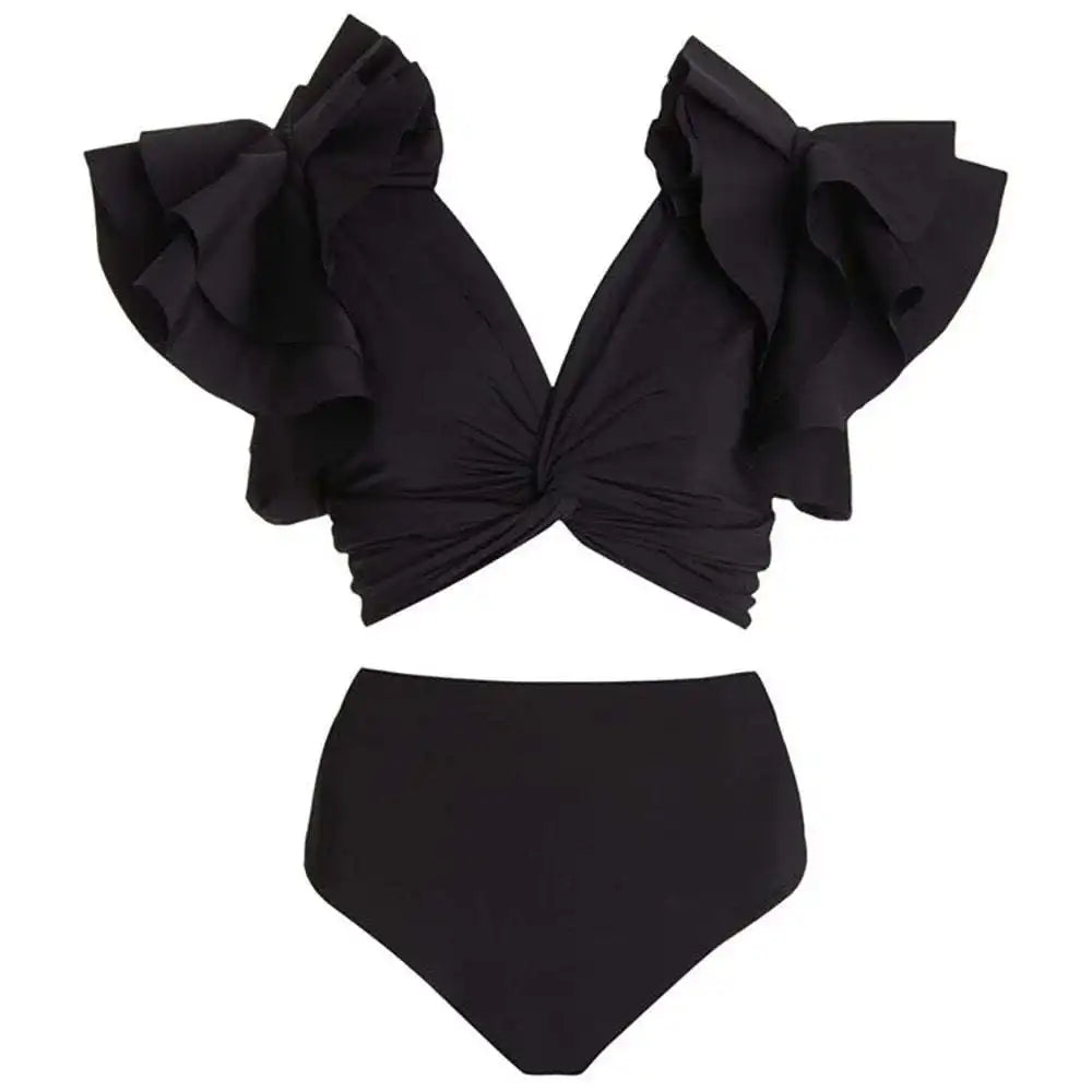 V-neck 2 piece Bikini Ruffle High Waist Swimsuit