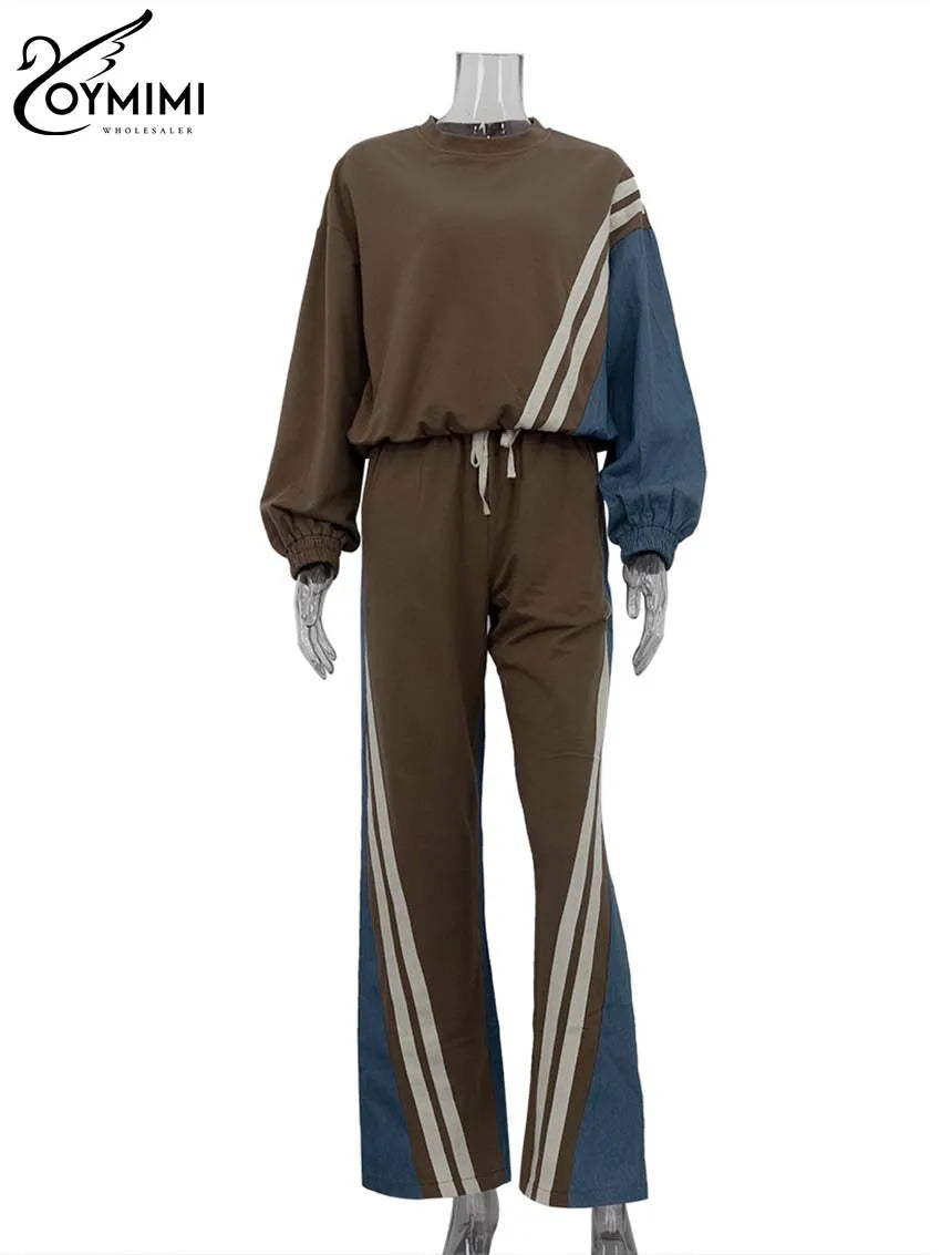 Casual Blue Patchwork O-Neck Long Sleeve & Drawstring Sweatpants Set
