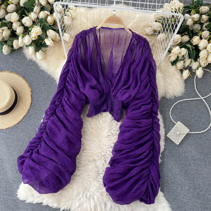 Women Sexy Chiffon Short Blouse - See Through Super Long Sleeve in Purple/Green/Black/White Folds Party Top