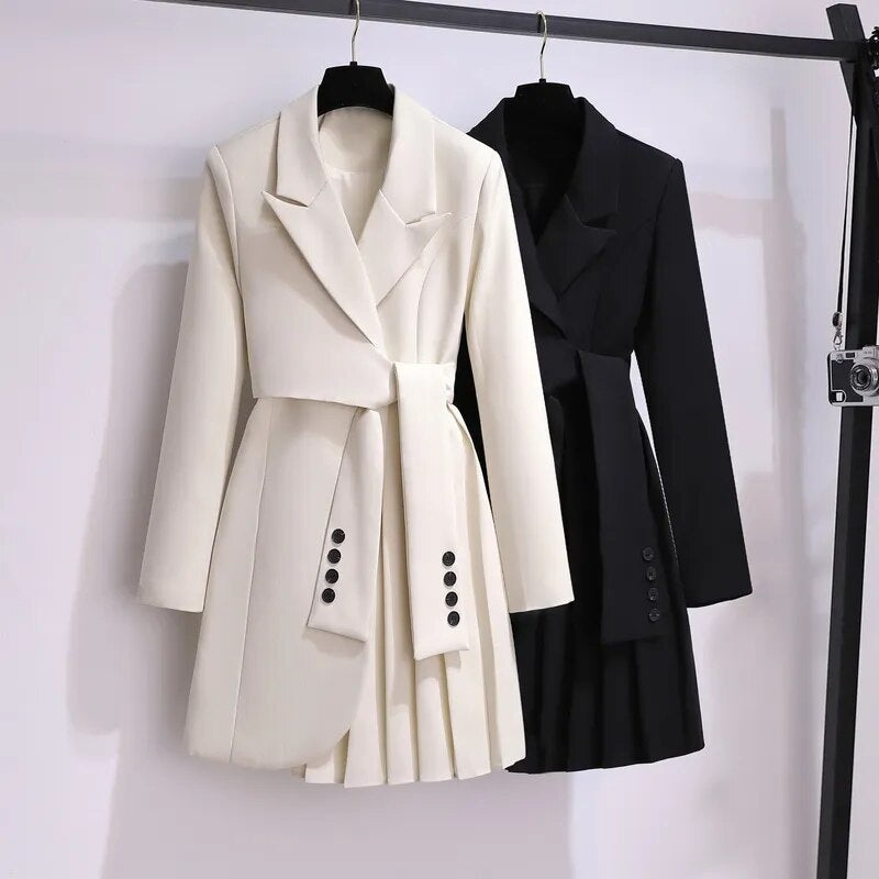 Fashion Suit Skirt Jacket Belted Waist Slim Suit Long Coat