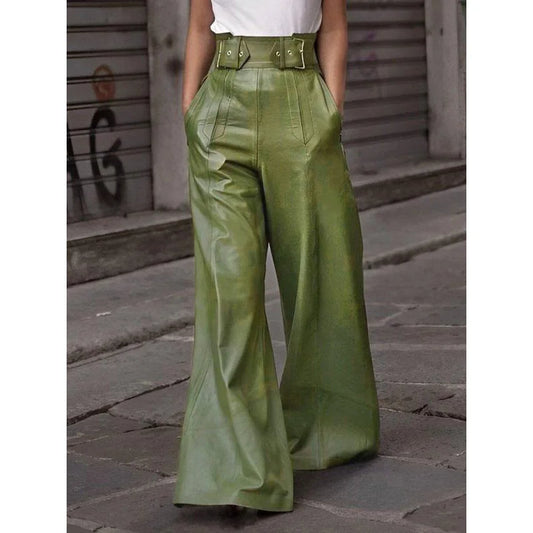 Women's Faux Leather Long High Waisted Loose Pleated Trousers