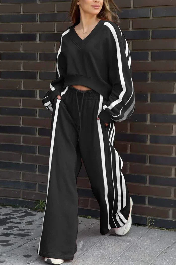 Striped T Shirt+Sweatpants Two Piece Wide Leg Pants Suit