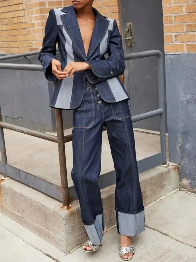 Patchwork Two Piece Jean Coat & Loose Bottoms Pant Set