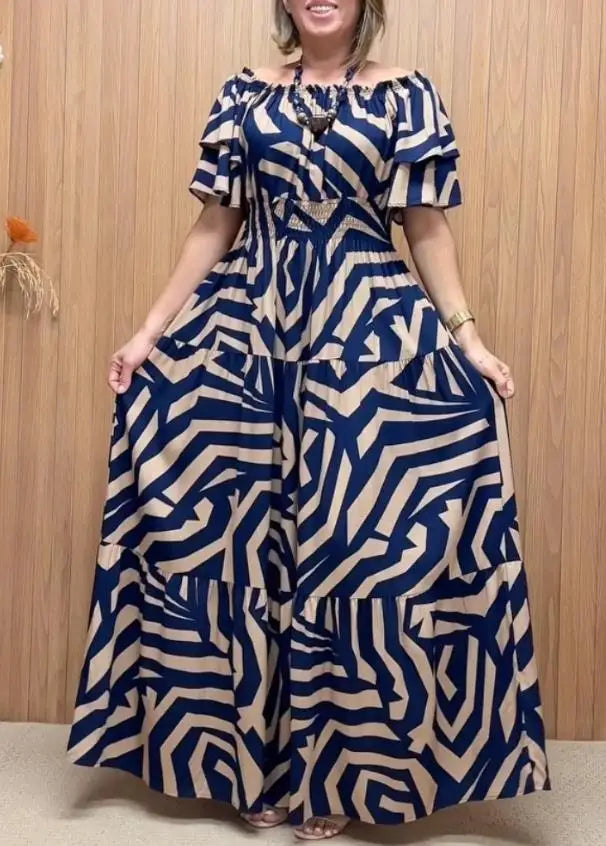 Summer Sexy Elegant Dress Geometric Print Off The Shoulder Short Sleeve Waist Ruffles