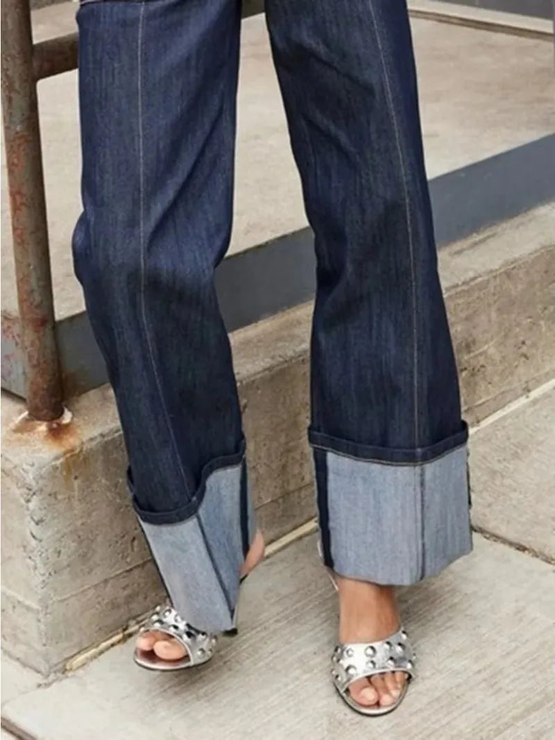 Patchwork Two Piece Jean Coat & Loose Bottoms Pant Set