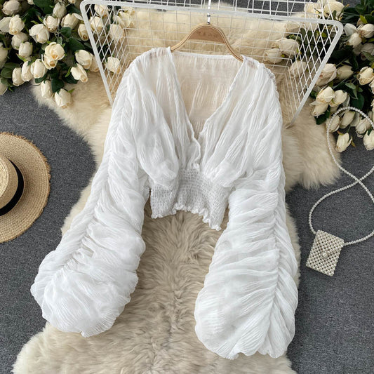 Women Sexy Chiffon Short Blouse - See Through Super Long Sleeve in Purple/Green/Black/White Folds Party Top