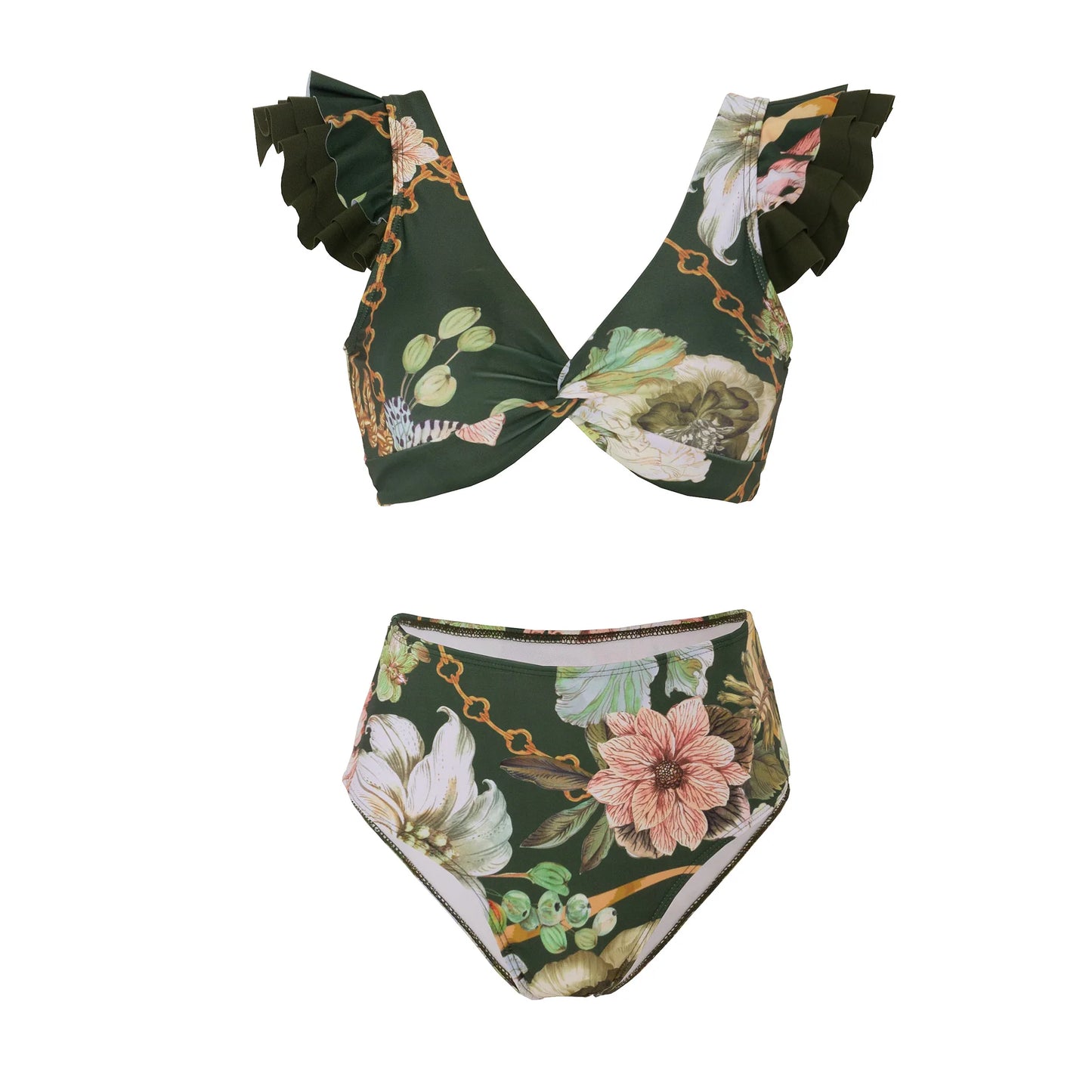 V-neck 2 piece Bikini Ruffle High Waist Swimsuit