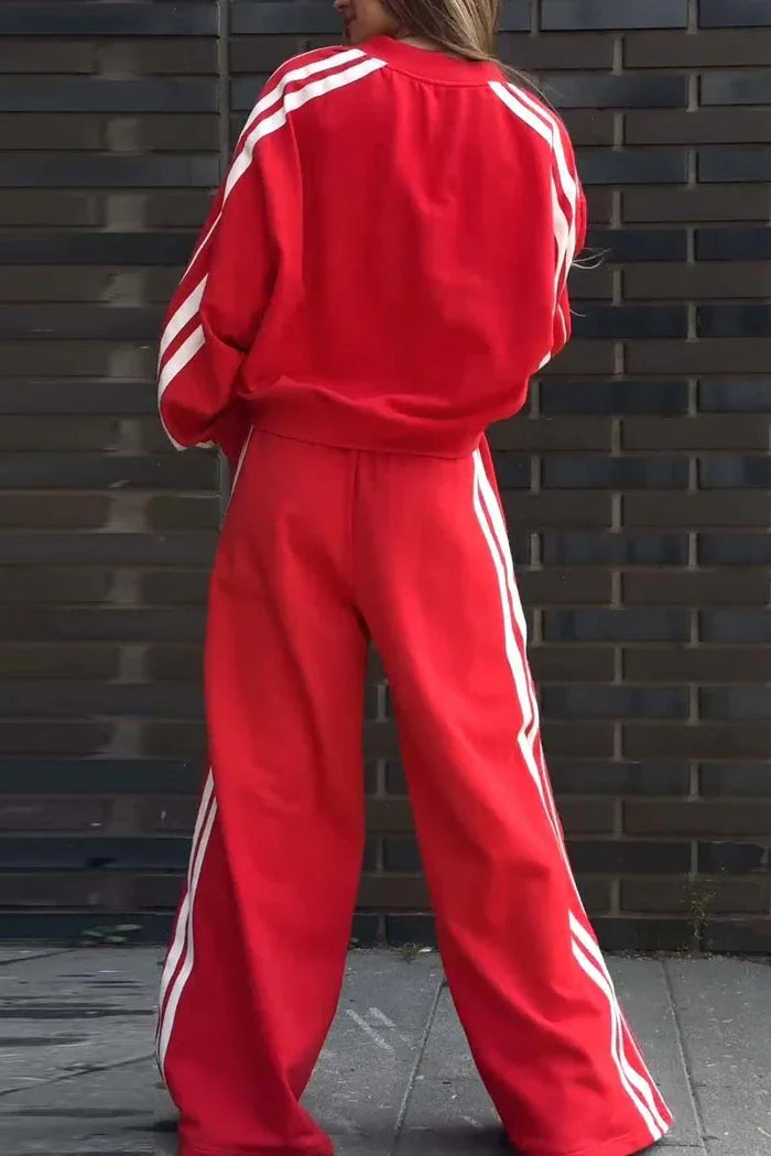 Striped T Shirt+Sweatpants Two Piece Wide Leg Pants Suit