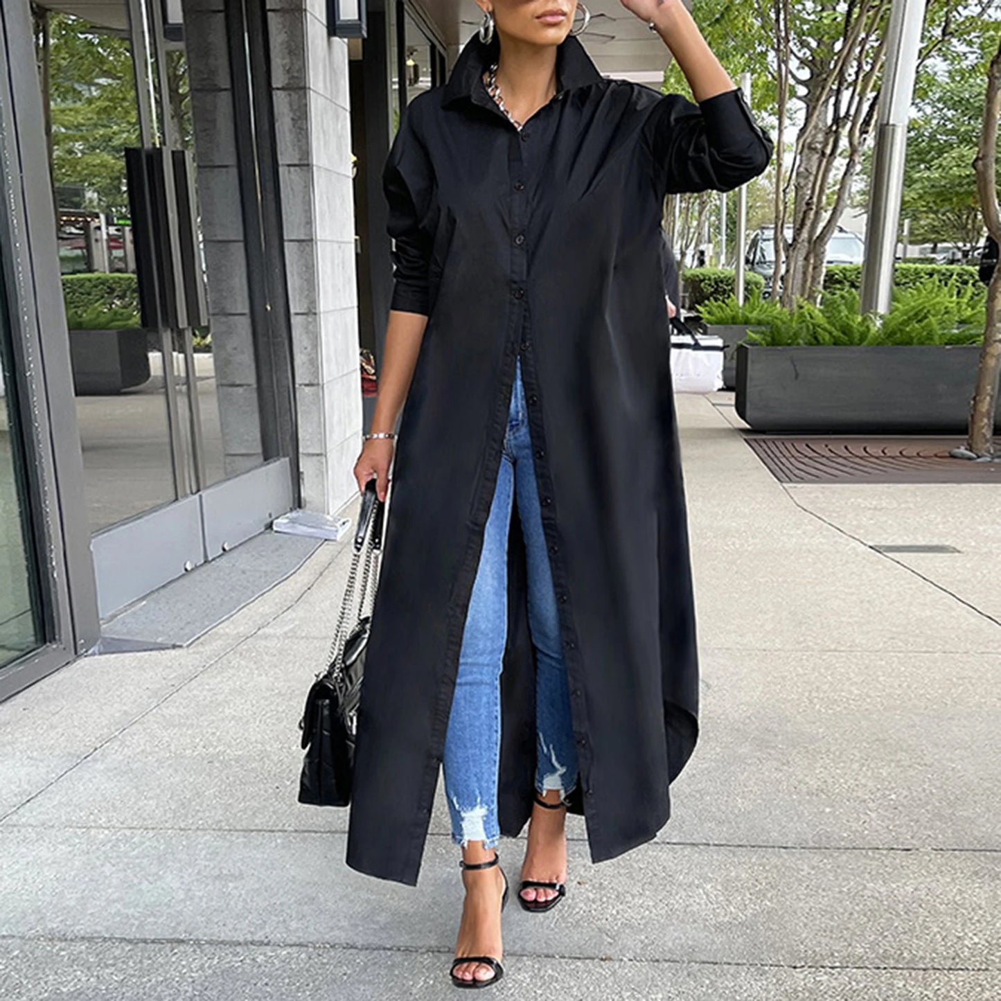 Women Shirt Windproof Versatile Arc Hem Stylish Shirt Long Dress