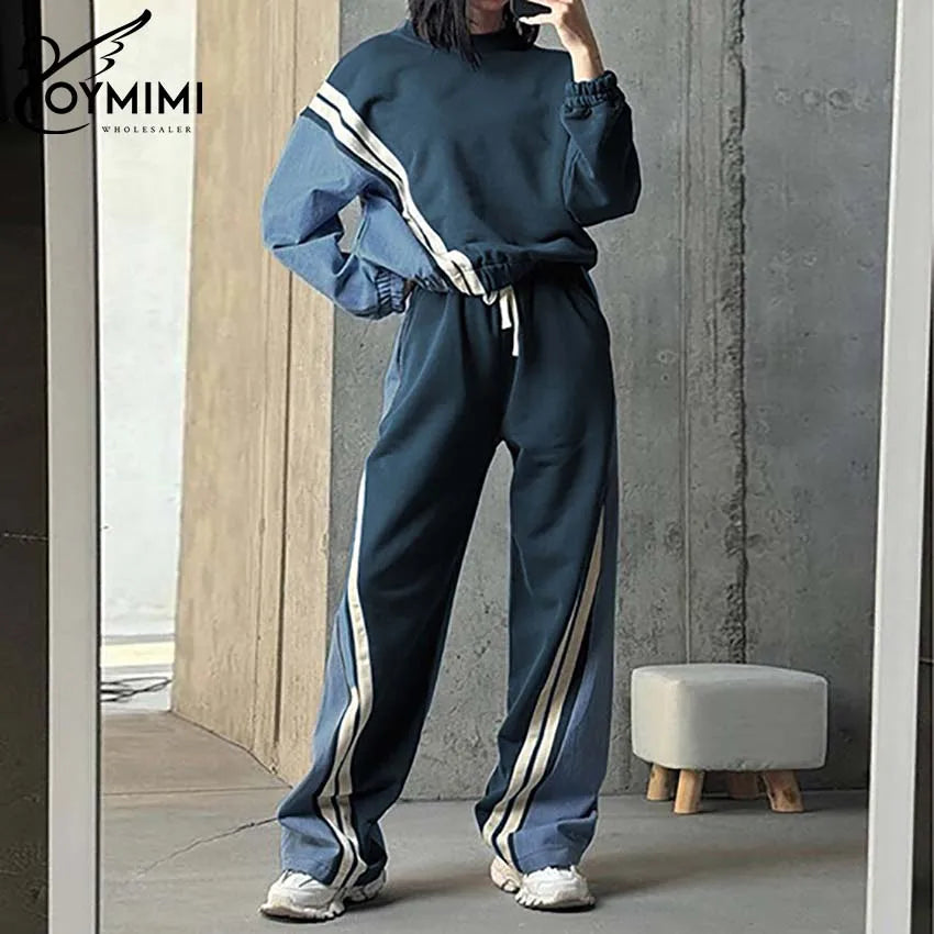 Casual Blue Patchwork O-Neck Long Sleeve & Drawstring Sweatpants Set