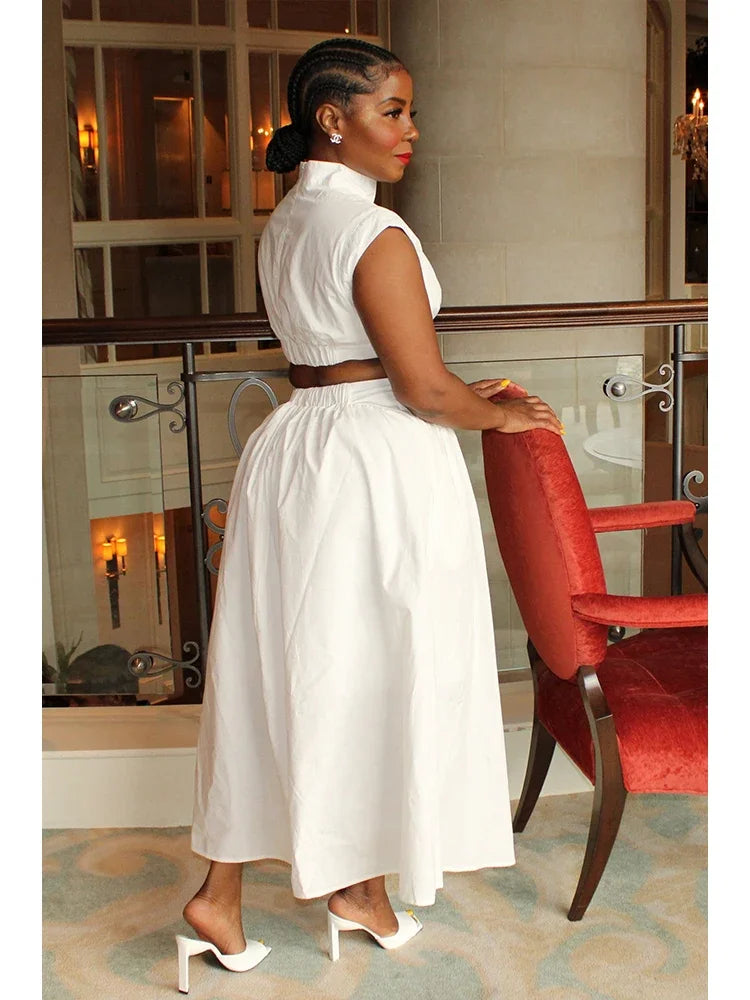 Summer Mock Neck Sleeveless Cutout A-llne White Maxi Dresses