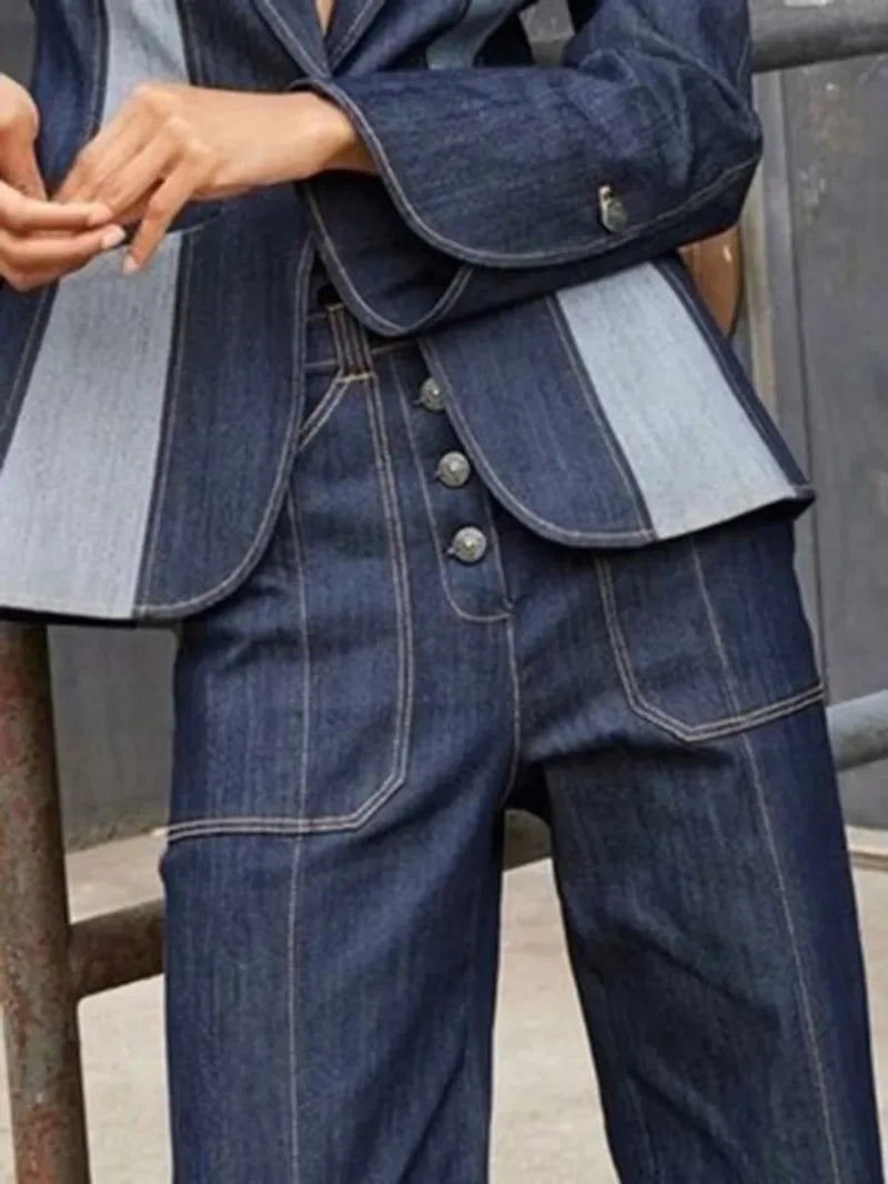 Patchwork Two Piece Jean Coat & Loose Bottoms Pant Set