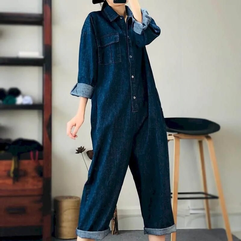 Oversized Denim High Waist Casual Jumpsuit