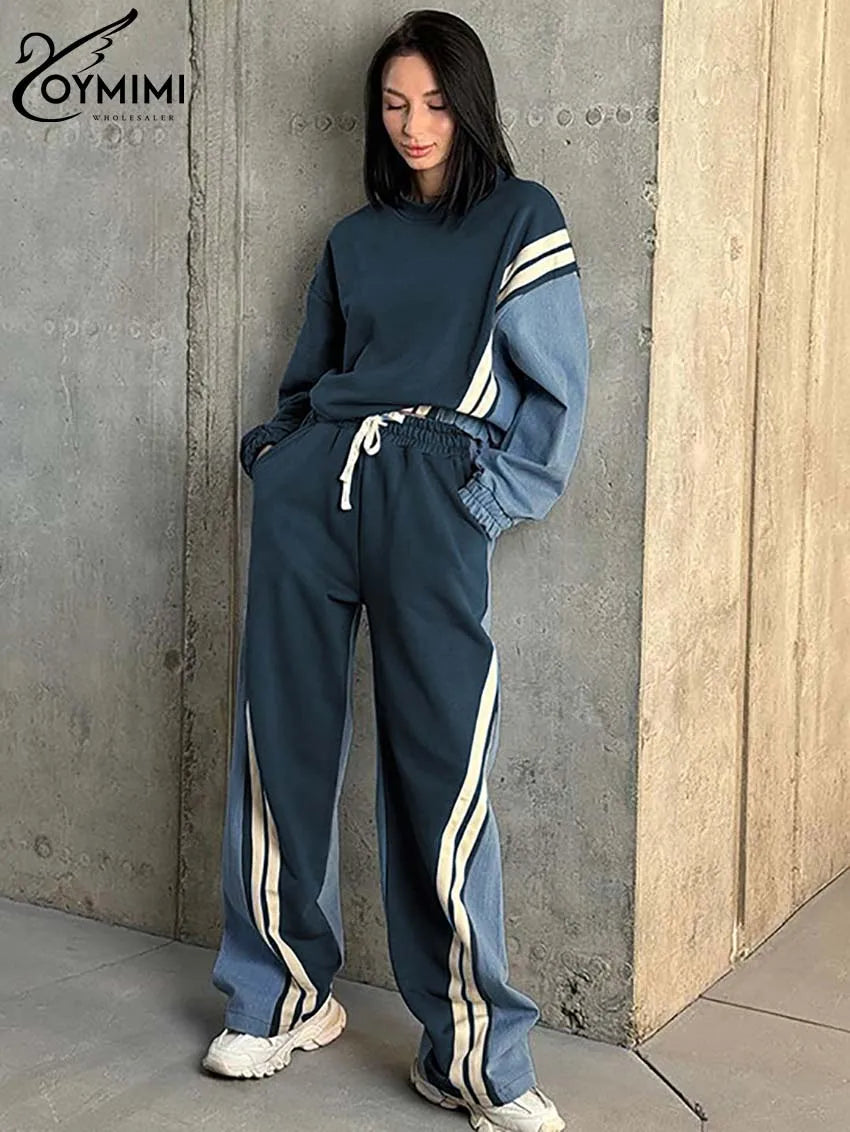 Casual Blue Patchwork O-Neck Long Sleeve & Drawstring Sweatpants Set
