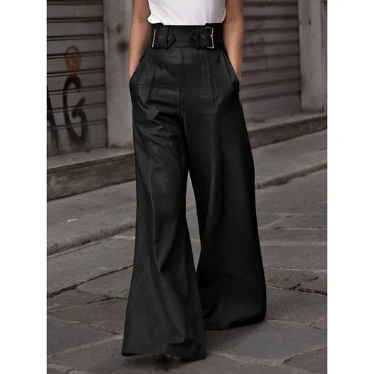 Women's Faux Leather Long High Waisted Loose Pleated Trousers