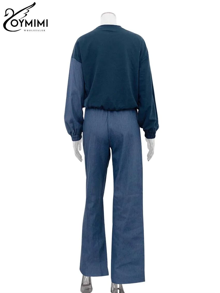 Casual Blue Patchwork O-Neck Long Sleeve & Drawstring Sweatpants Set