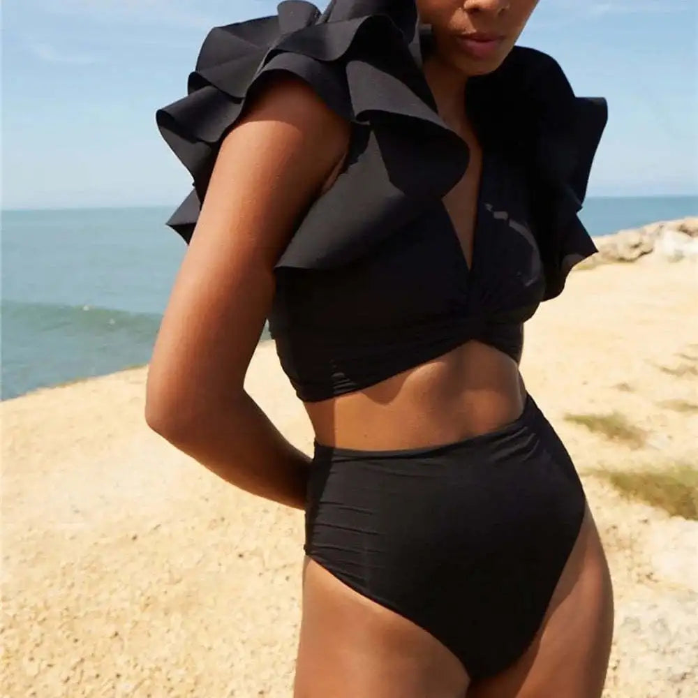 V-neck 2 piece Bikini Ruffle High Waist Swimsuit